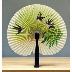 Vintage Portable Paper Hand Fan with Swallow Birds and Flowers Design